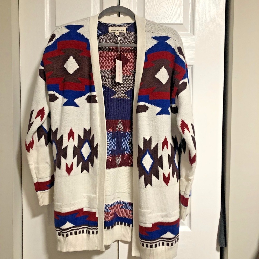 Lucky Brand Womens Southwestern Geometric Open Front Cardigan BohoSweater M NEW